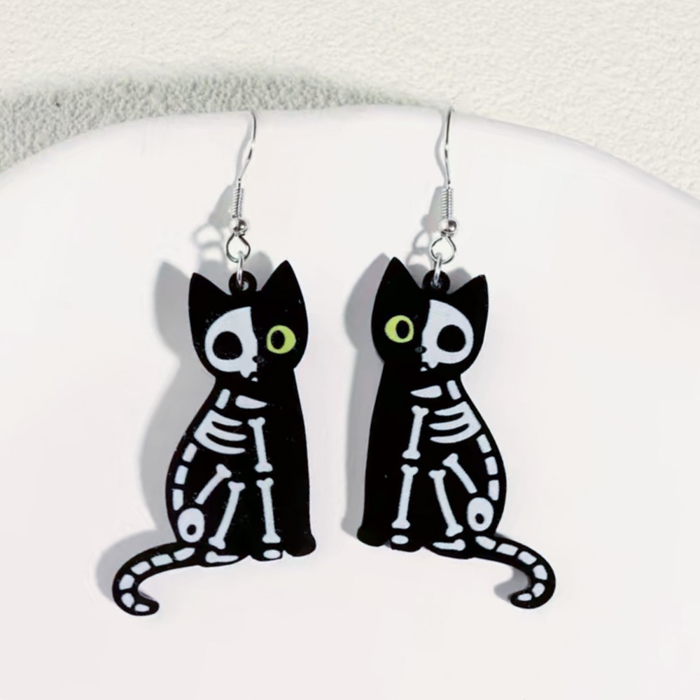 ✨3/$25✨ Split Black Cat and Skeleton Wooden Dangle Earrings